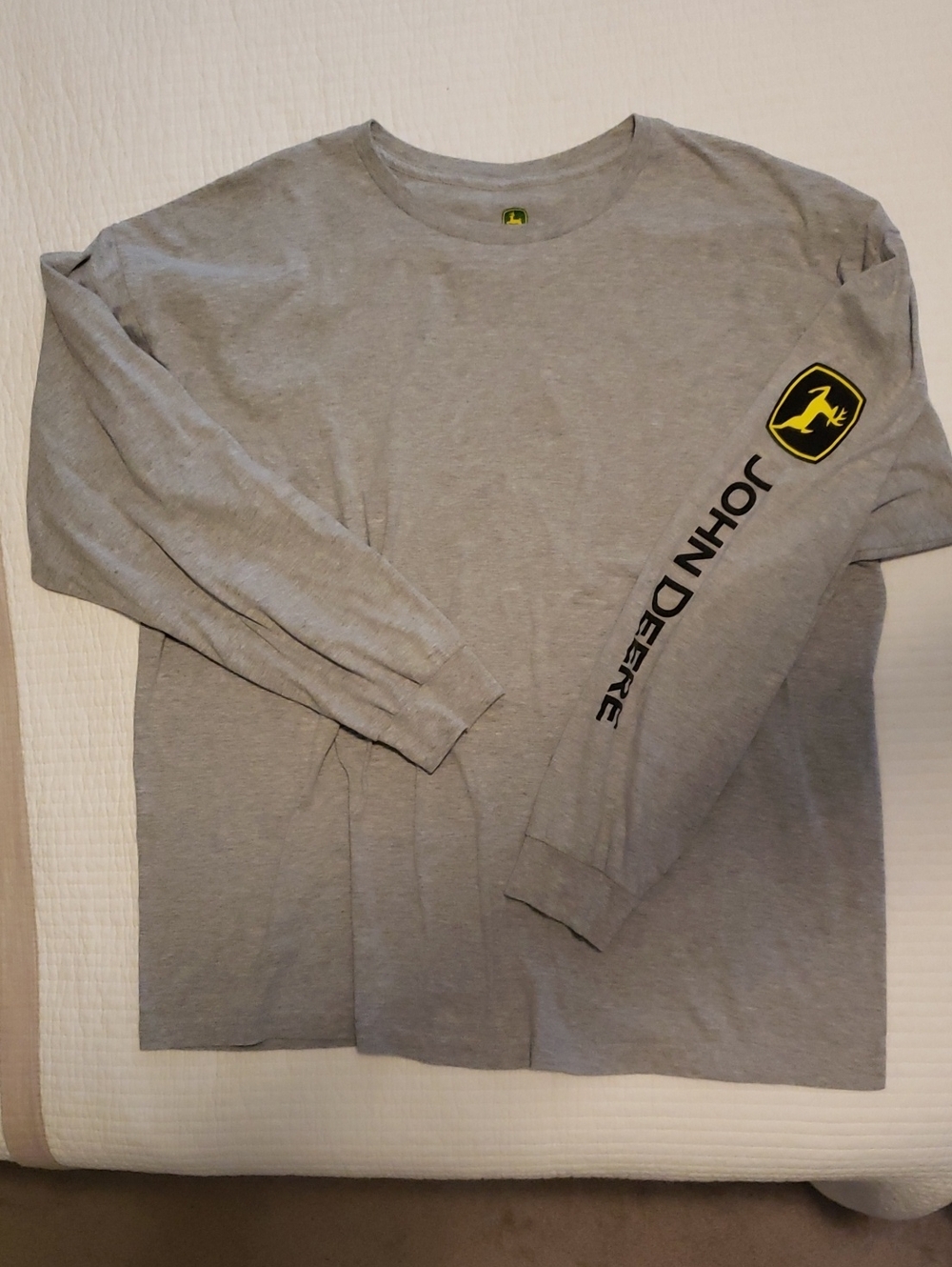 John Deere Gray Long Sleeve Logo Tee with Yellow Shield Accent